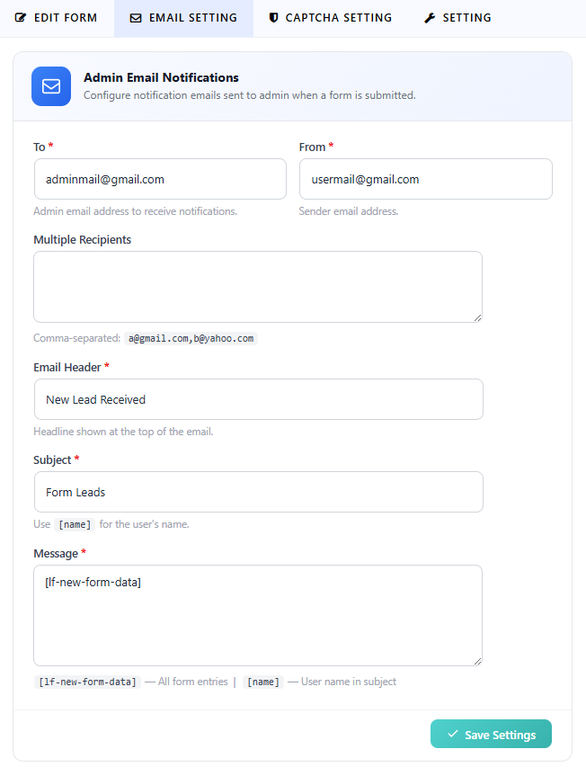 Form Builder Email setting 1