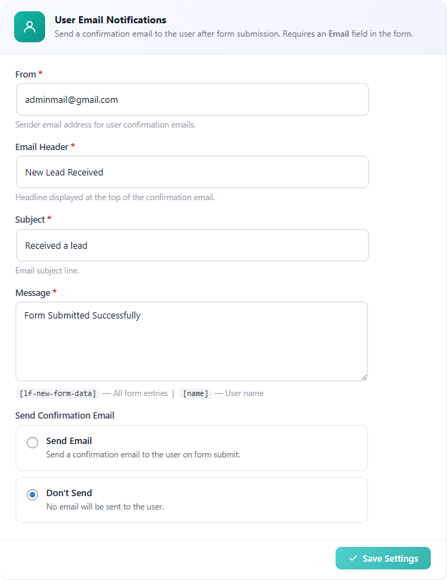 Form Builder Email setting 2