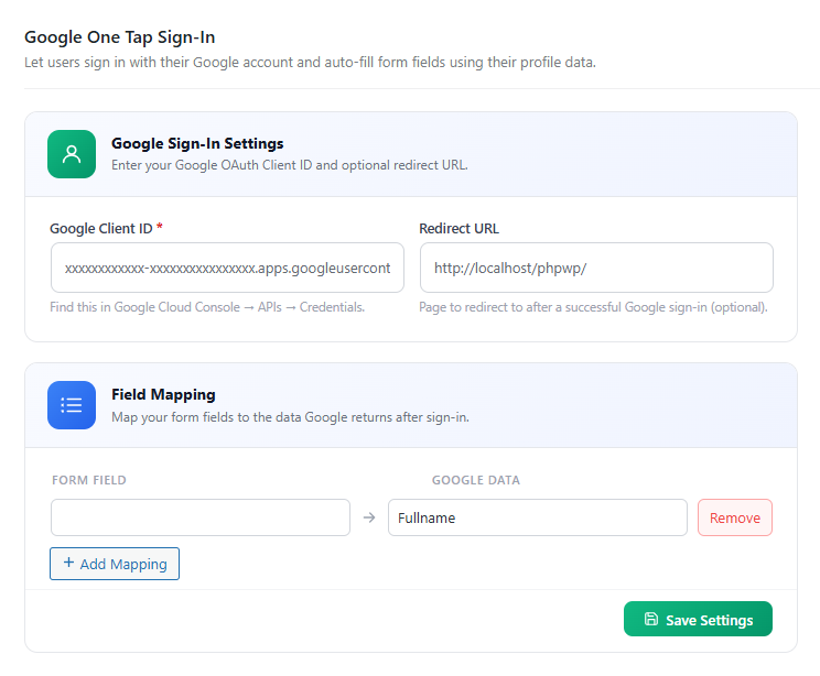 Lead Form Google One Tap