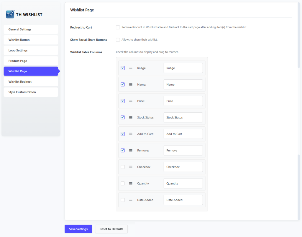 TH Wishlist Wishlist page