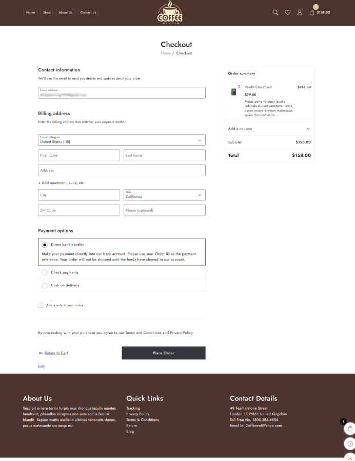 New Website Template For Coffee Store (One-Click Install) 8 checkout page coffee shop 1 edited
