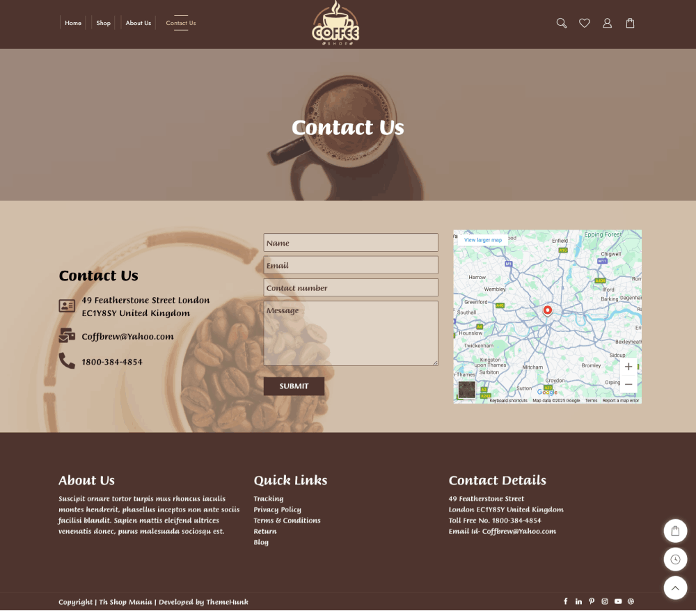 New Website Template For Coffee Store (One-Click Install) 5 coffee shop contact us page