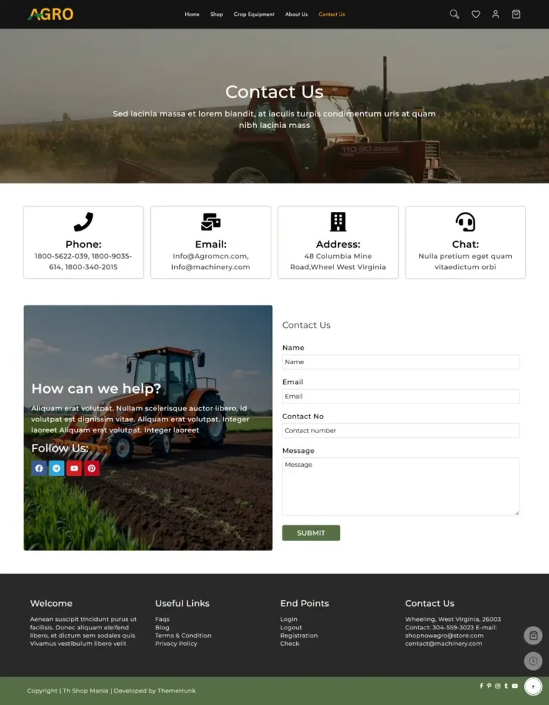 New Website Template for Agriculture Machinery Store (One-Click Install) 7 agro machinery contact us
