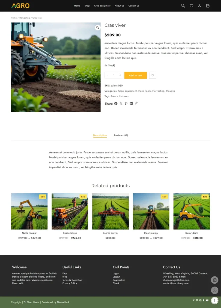 New Website Template for Agriculture Machinery Store (One-Click Install) 6 agro machinery product detail