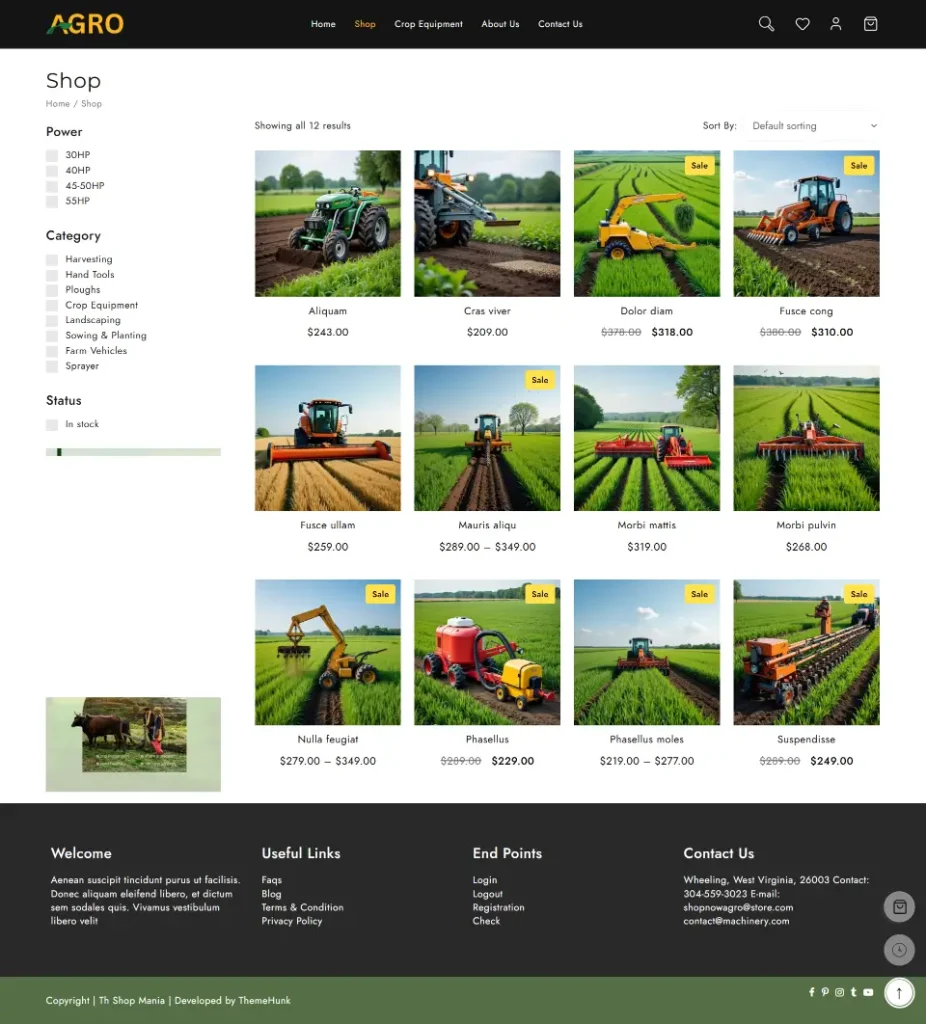 New Website Template for Agriculture Machinery Store (One-Click Install) 4 agro machinery shop page