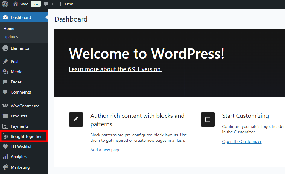 How to add Frequently Bought Together On WooCommerce 1 Dashboard Bought Together