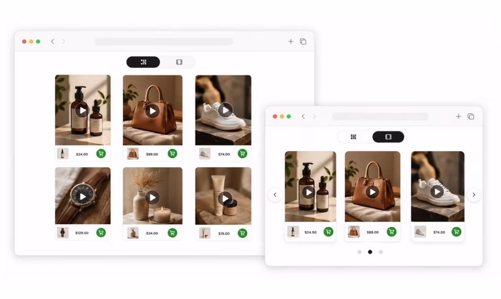 Shoppable videos Grid and Slider layout