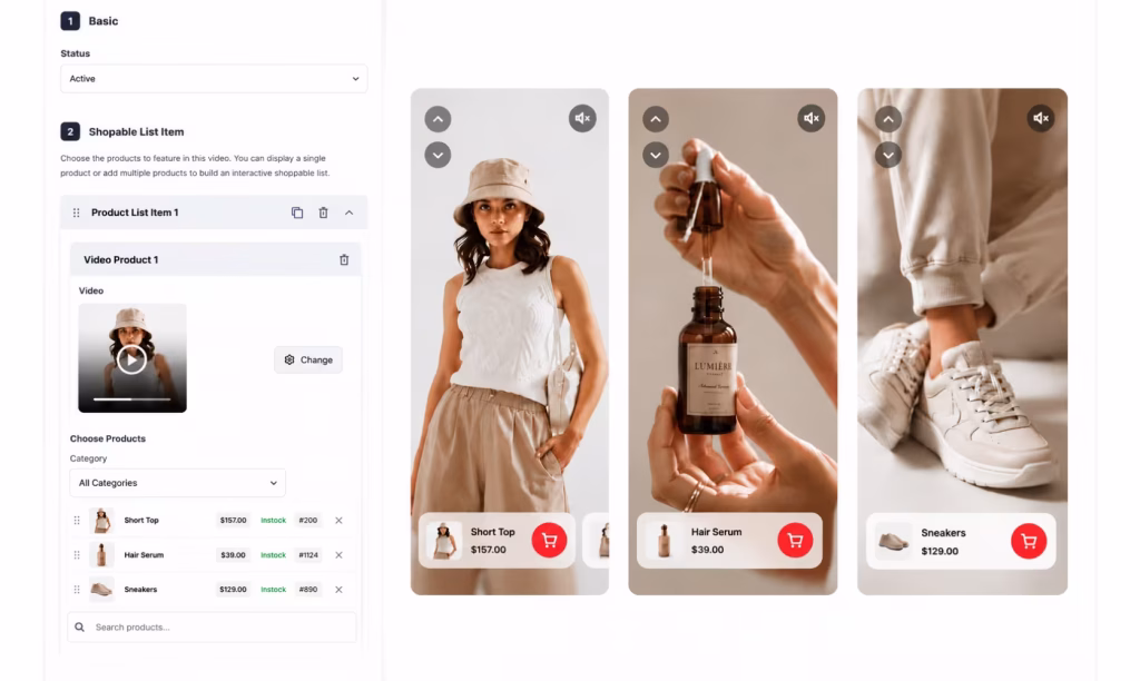 Shoppable videos with multiple tagged products