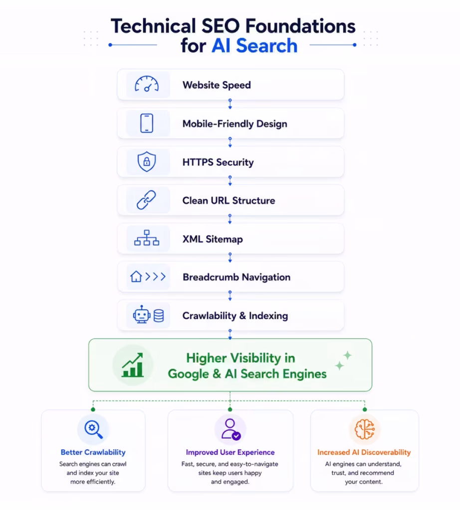 Infographic illustrating the essential technical SEO foundations for AI search, including website speed, mobile-friendly design, HTTPS, clean URLs, XML sitemaps, breadcrumb navigation, and crawlability, leading to improved visibility in Google and AI search engines.